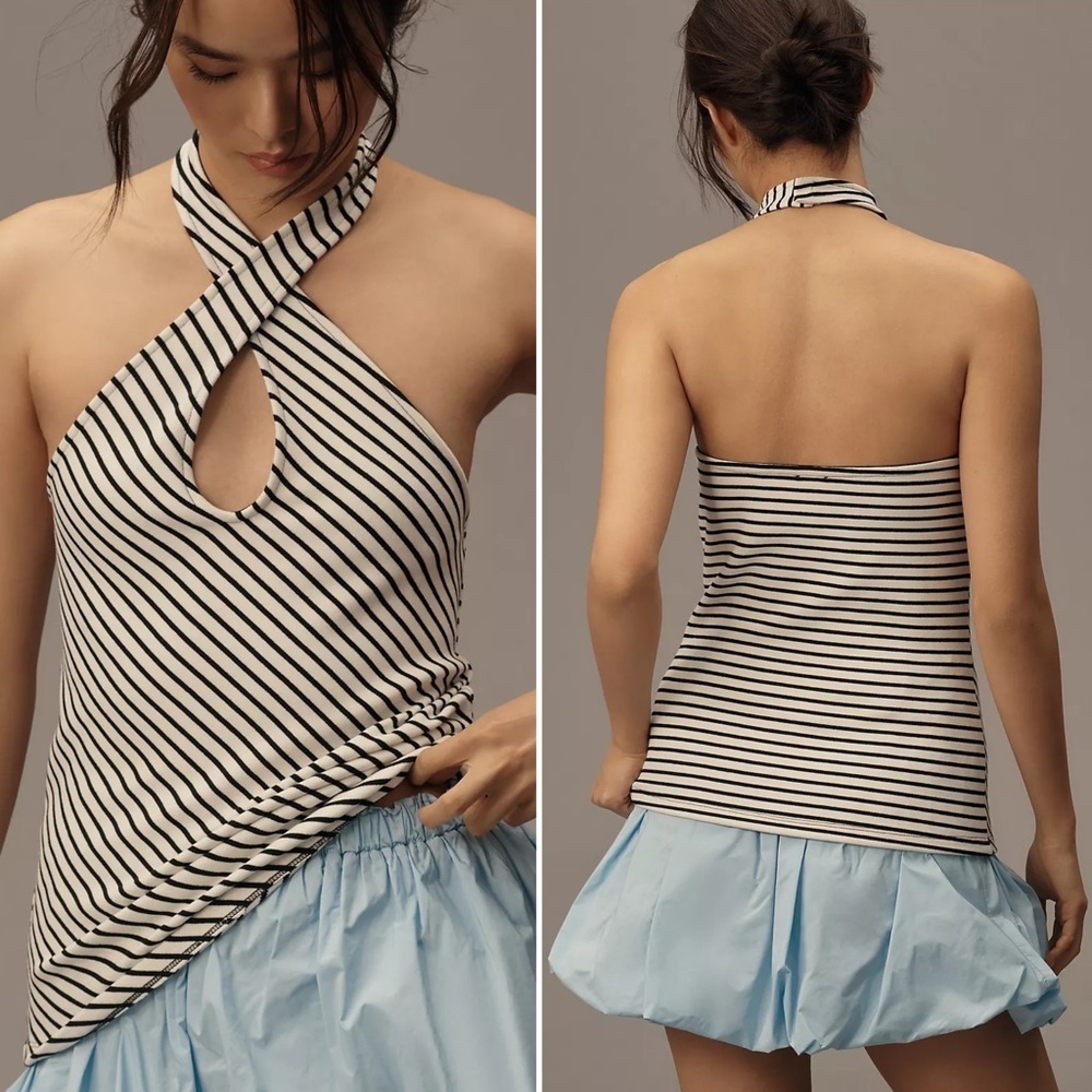 Anthropologie Maeve Twist-Front Halter Top in White & Black Women’s Size XL NWOT